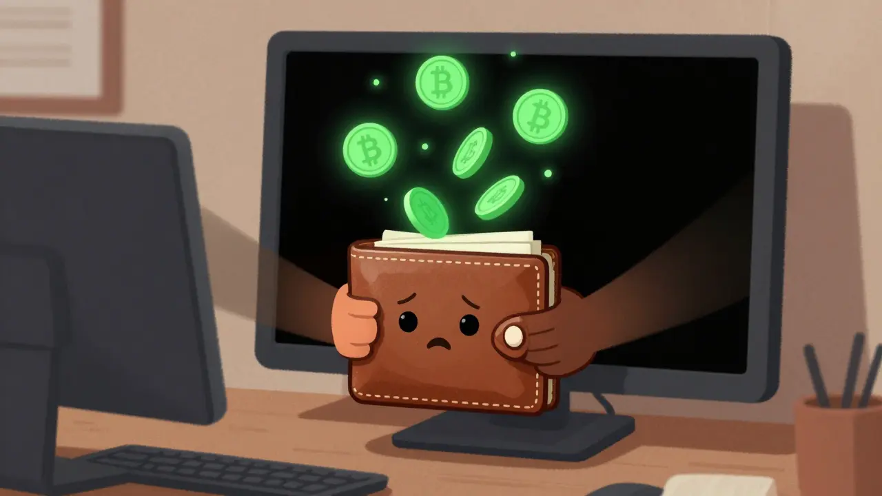 Illustration of a wallet being drained by shadowy hands from a computer screen.