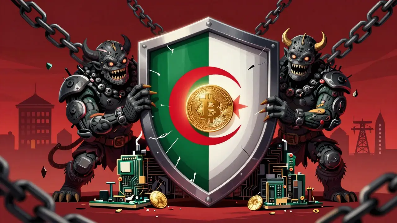 Illustration of Algeria's shield protecting the Dinar from crypto threats