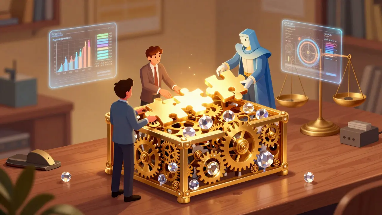 Illustration of three characters aligning gears in a complex tokenomics machine