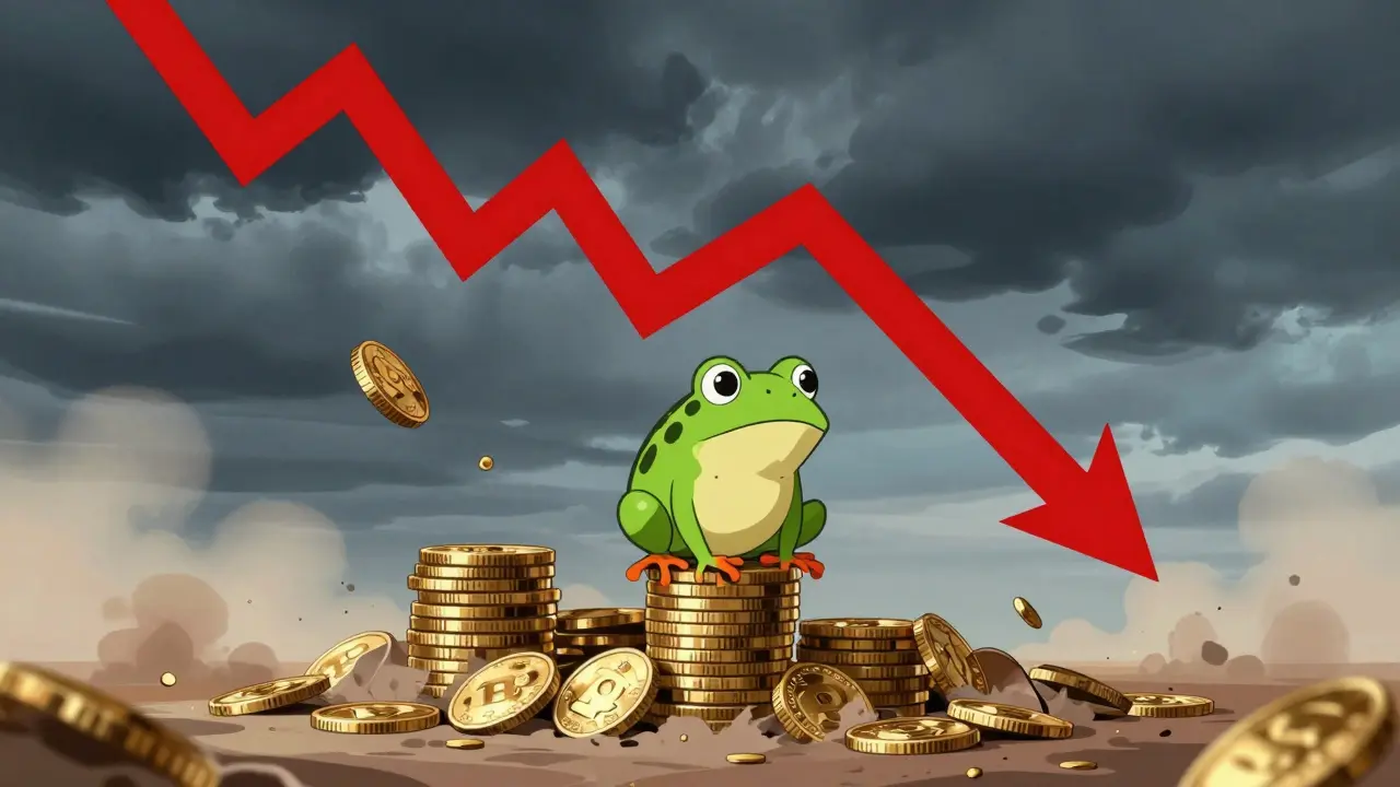 Illustration of TOBI frog on shrinking coins with a downward red arrow showing price volatility