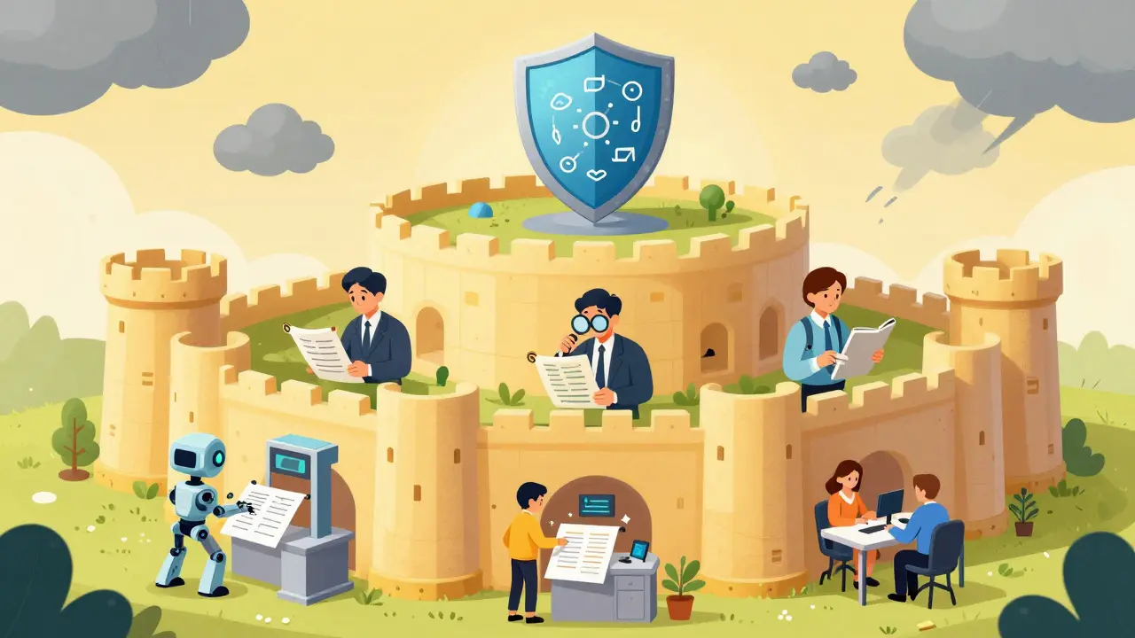 Layered security fortress with robots and humans auditing code