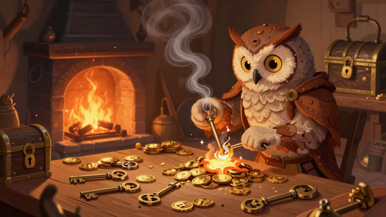 Magical workshop where coins are forged into keys and burned