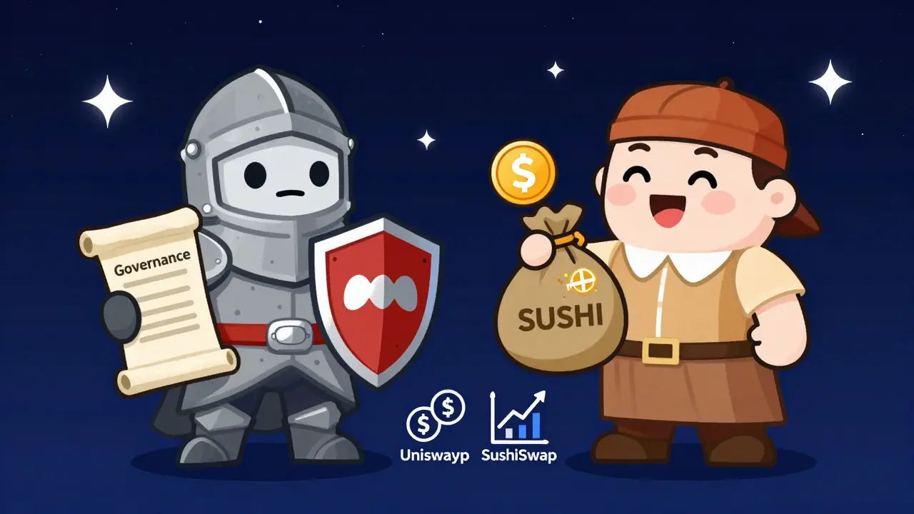 Mascots representing UNI governance and SUSHI revenue sharing tokens