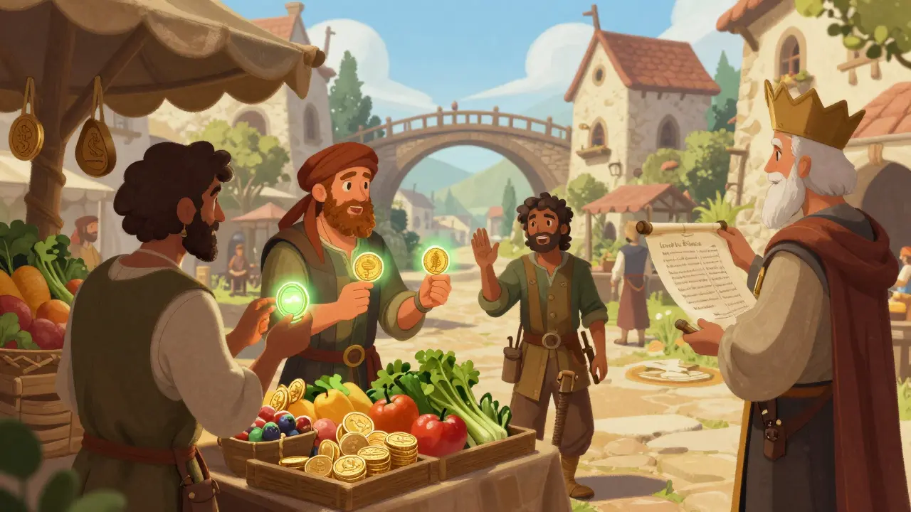Medieval marketplace trading with glowing tokens for discounts