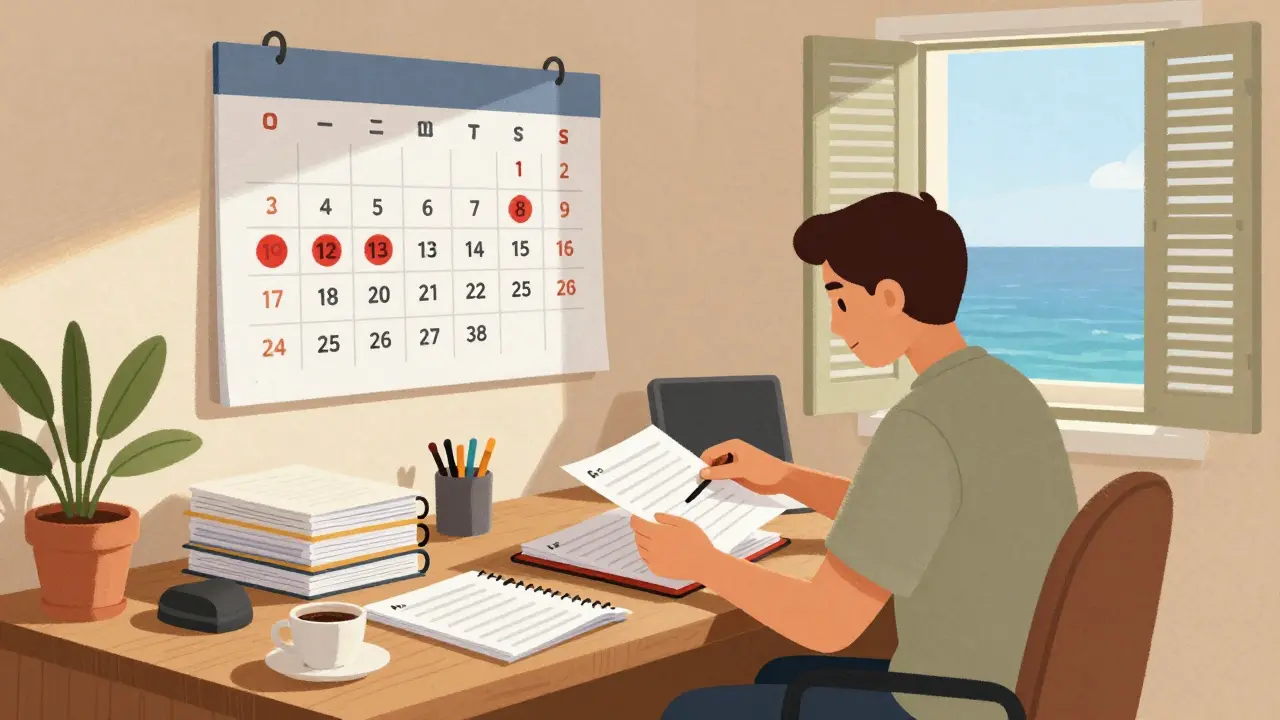 Person organizing tax records at desk with 183-day calendar on wall