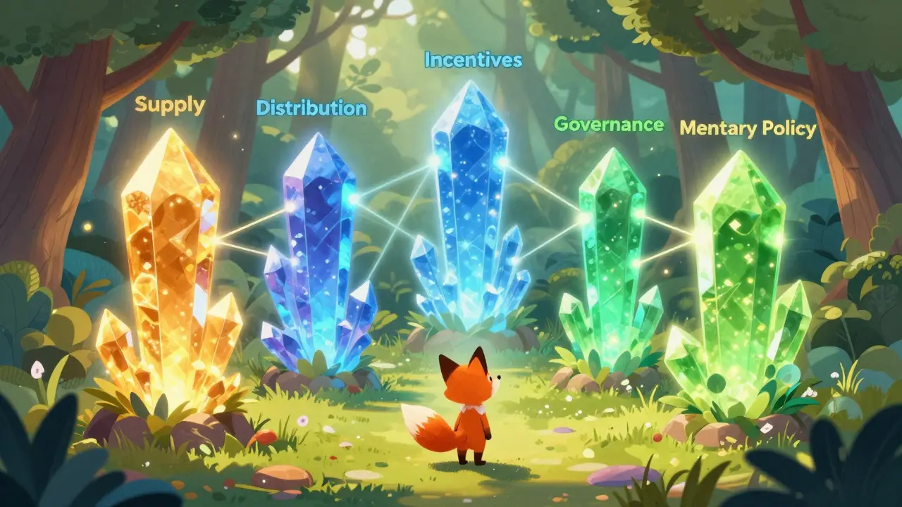 Six glowing crystal pillars representing tokenomics components