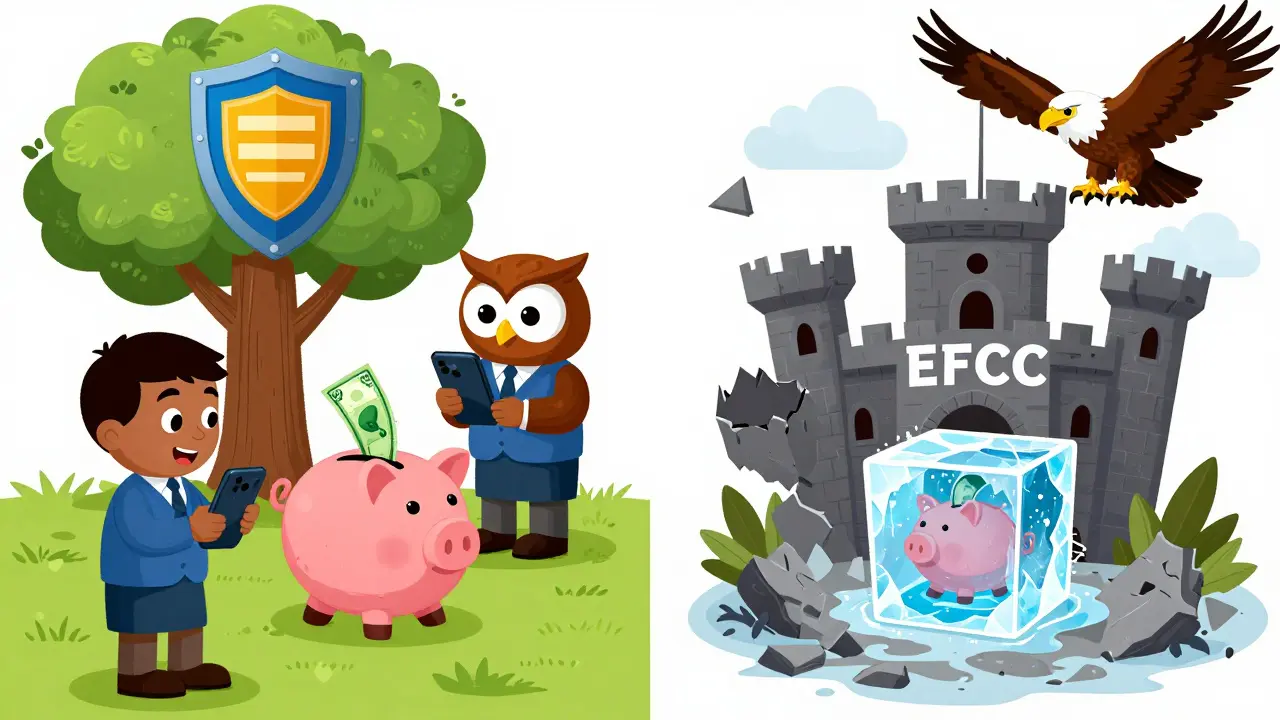 Split view showing safe licensed exchange vs risky unlicensed platform freeze