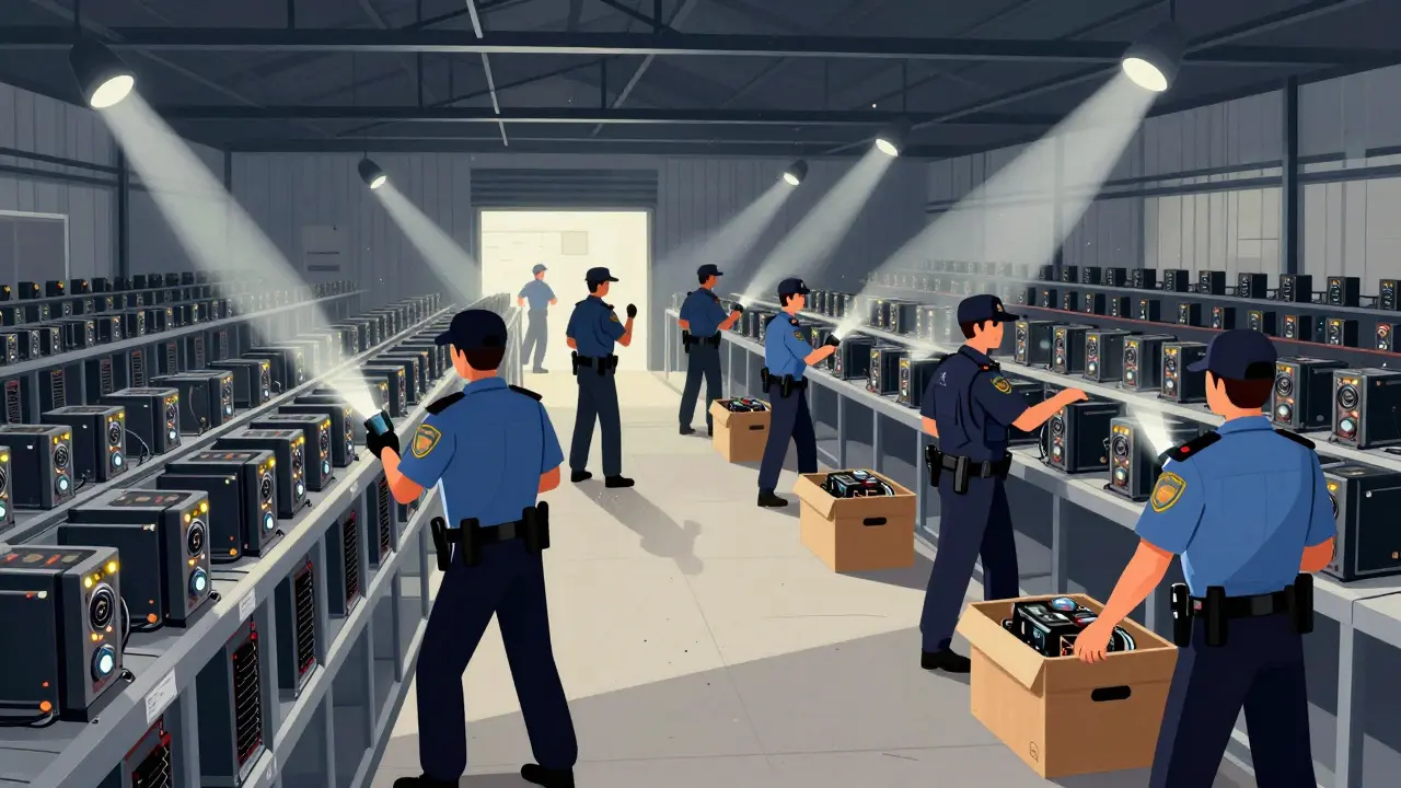 Storybook art of police confiscating crypto miners during a raid