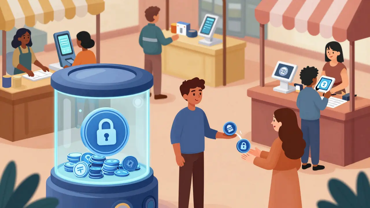 Storybook scene of EVU tokens used in a friendly marketplace