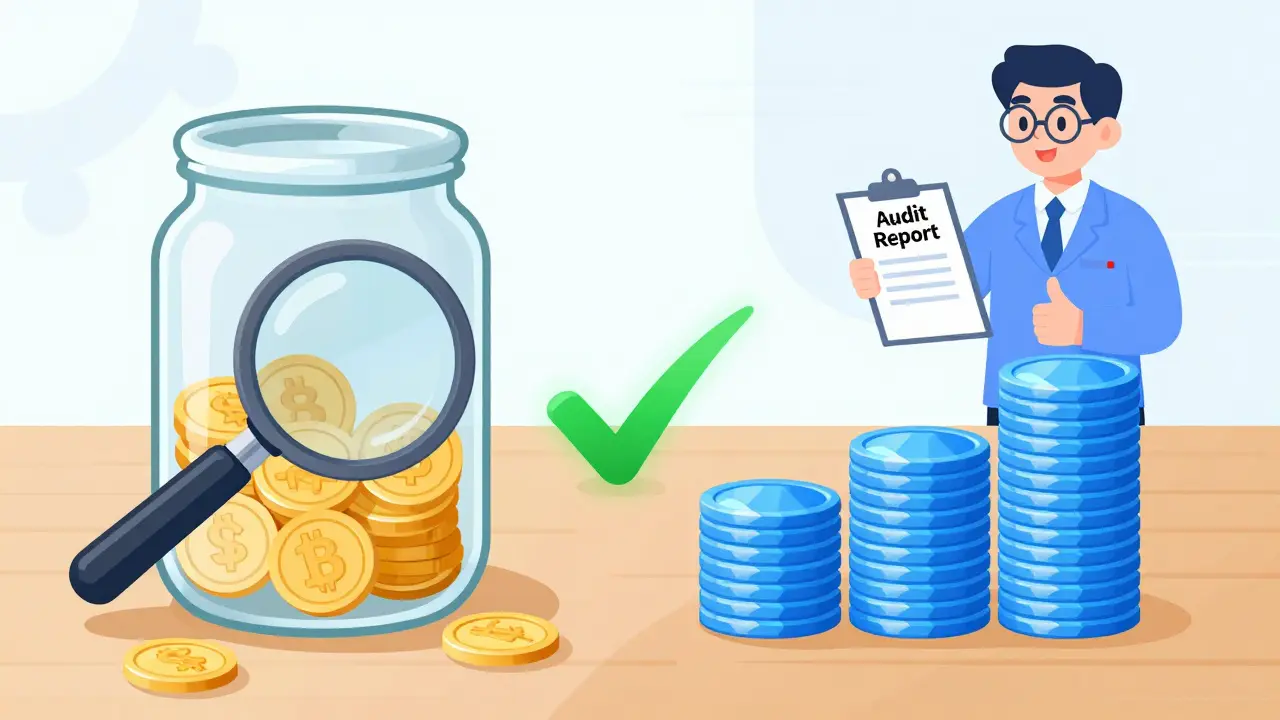 Transparent jar of coins matched with wrapped tokens, symbolizing verified reserves