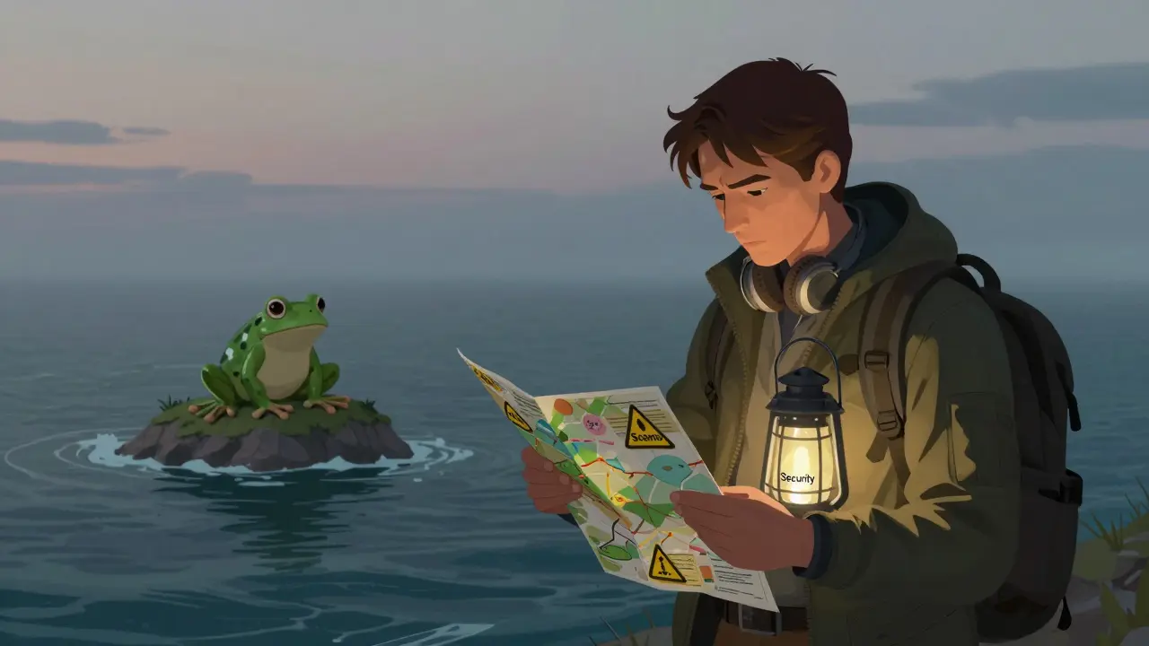 Traveler checking a security map near TOBI frog island in a misty, uncertain landscape