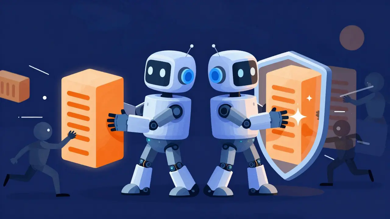 Two robots performing double hashing to prevent security attacks