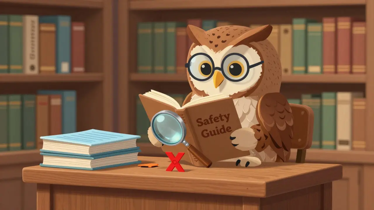 Wise owl librarian checking safe vs unsafe documents in library