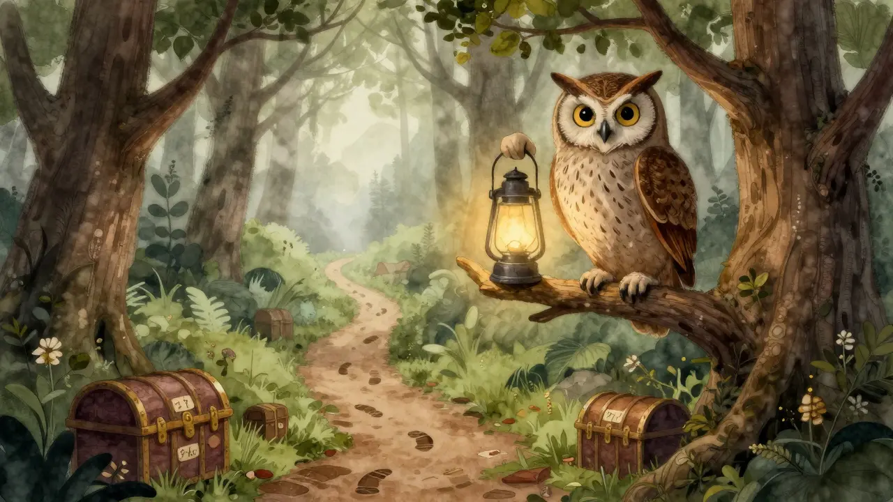Wise owl with a lantern guiding a path through a forest of past opportunities