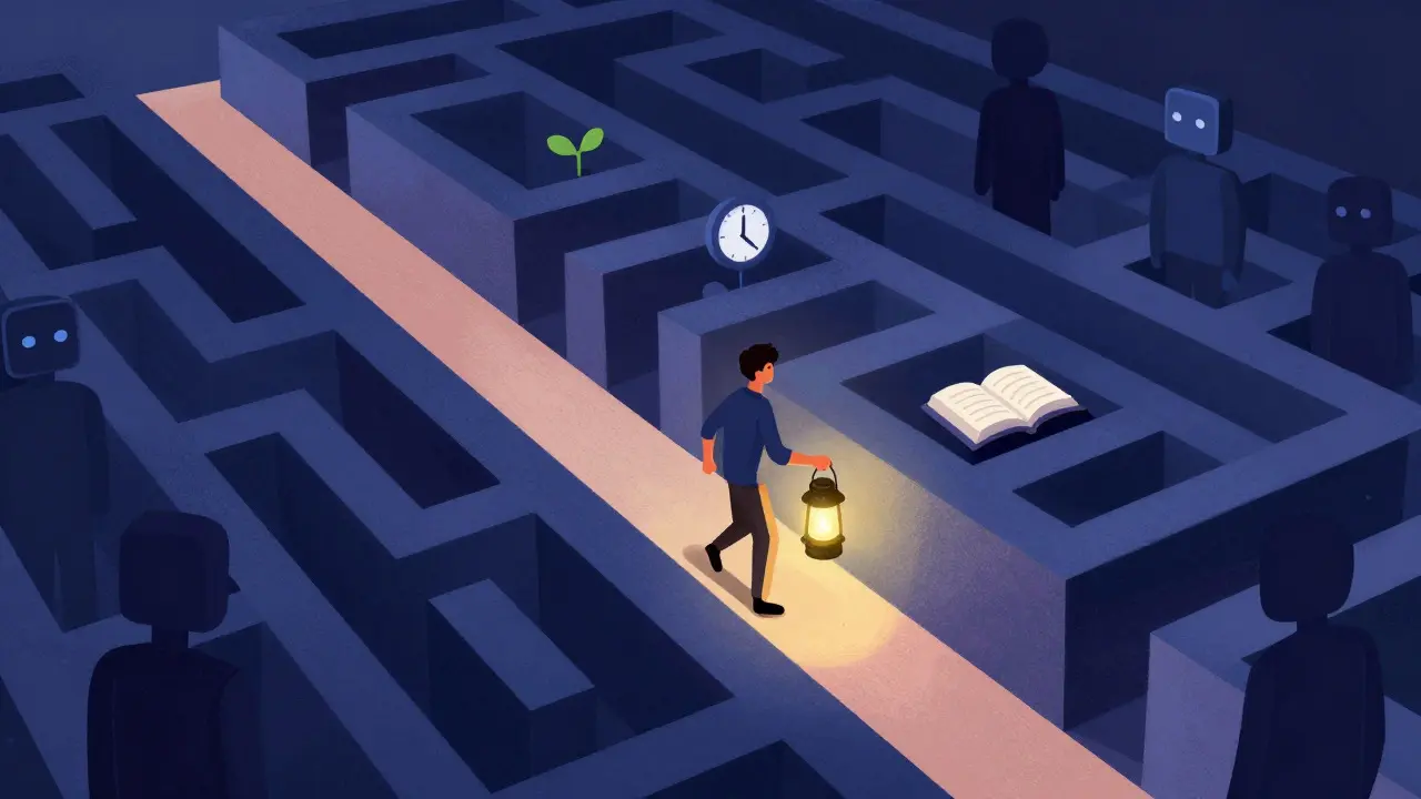 A figure navigates a maze of rules and filters in a whimsical, illustrative scene.