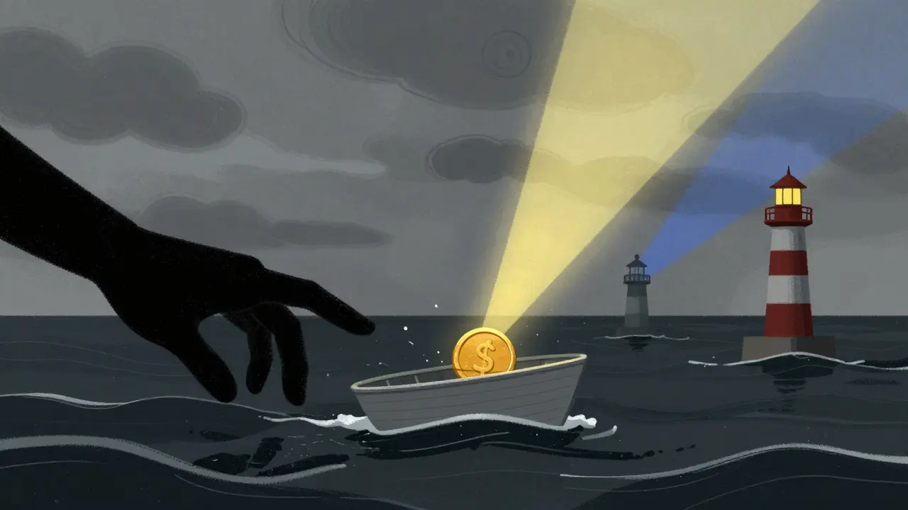 A fragile boat with a coin struggling in choppy waters under conflicting lighthouse beams.