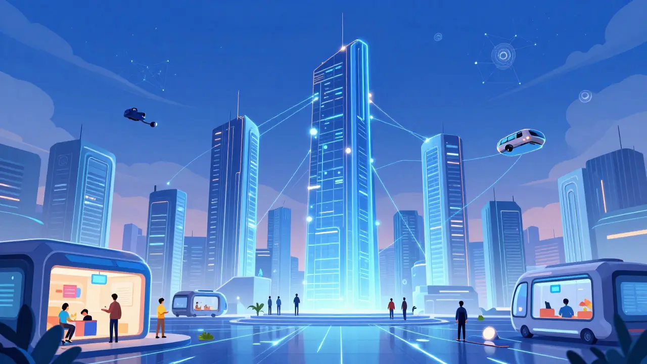 A futuristic city powered by blockchain technology with people using digital services.