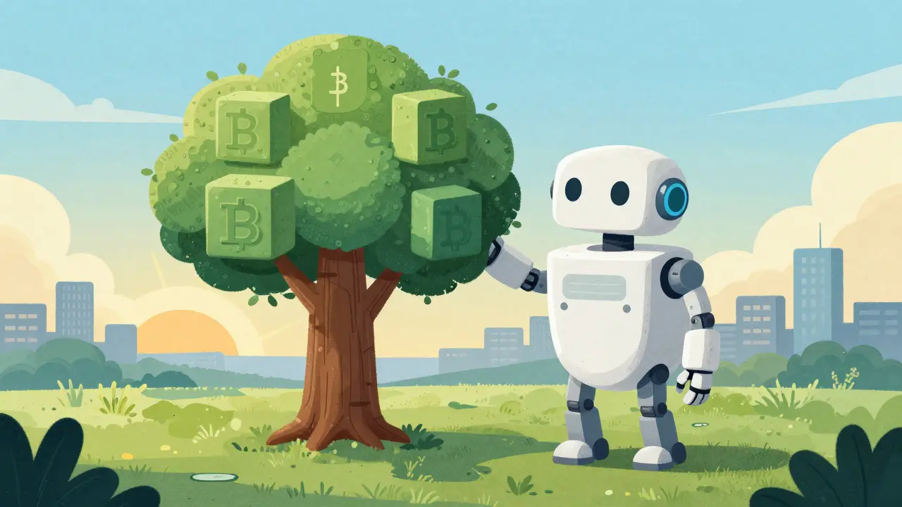 A robot miner tending to a digital block tree, symbolizing long-term crypto sustainability and patience.