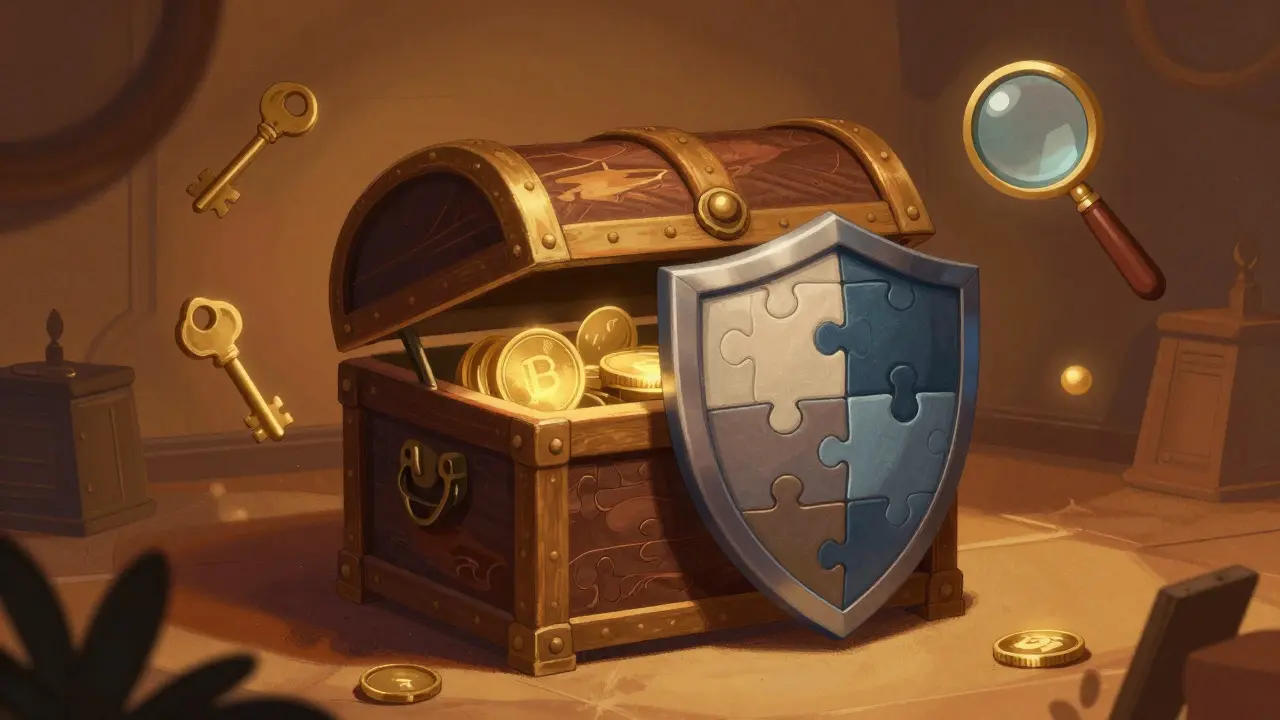A secure treasure chest with glowing tokens and floating keys in a warm, illustrative style.