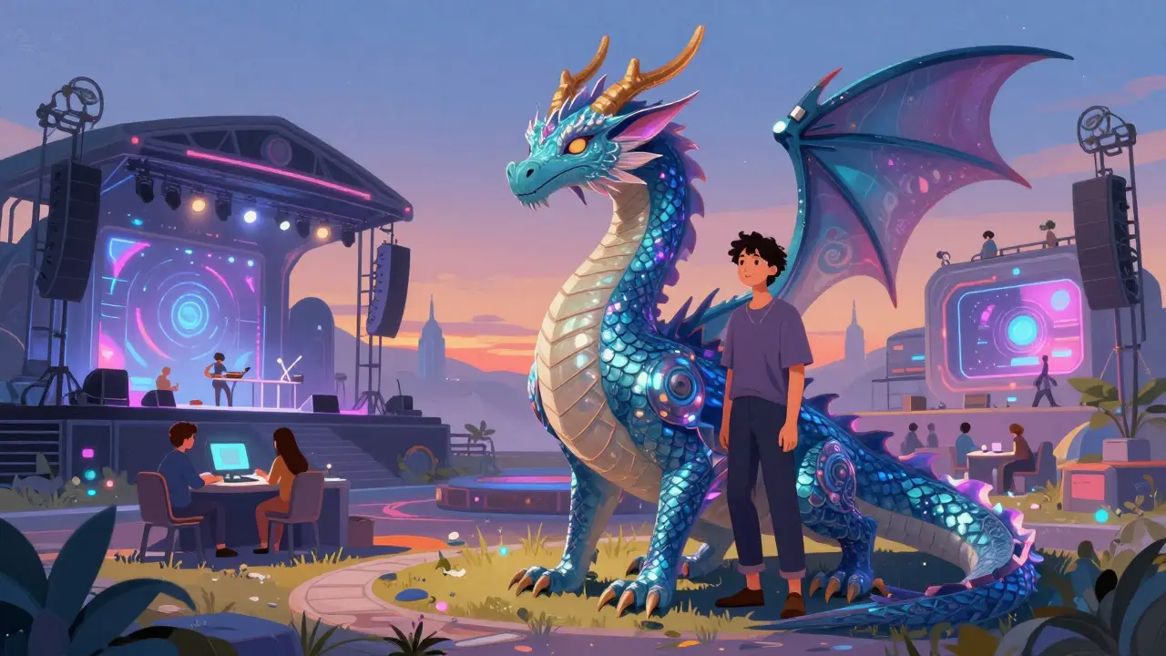 A unique AI dragon and avatar in a vibrant, stable metaverse landscape