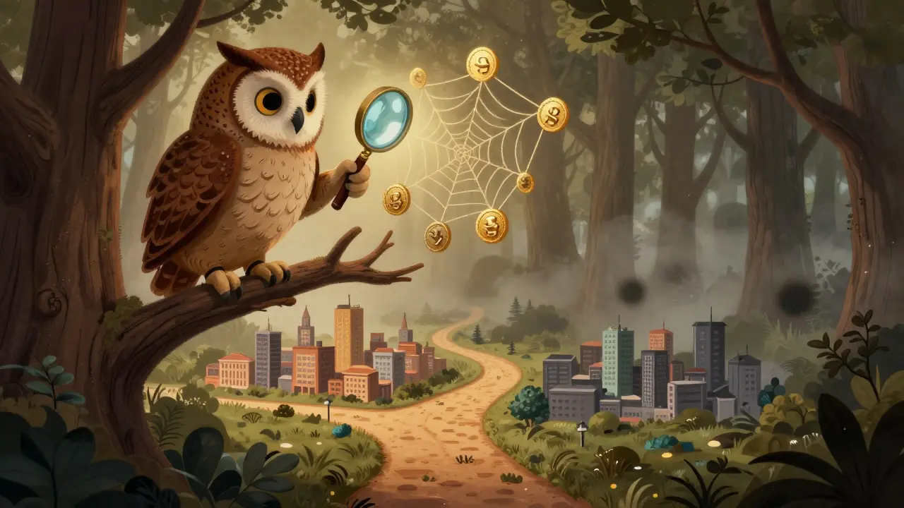 A wise owl examining a web of tokens, pointing towards safe and risky investment paths.