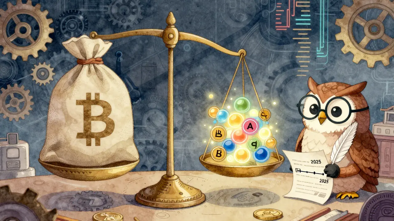 A wise owl observing a balance scale weighing Bitcoin stability against Bittensor's complex token dynamics.