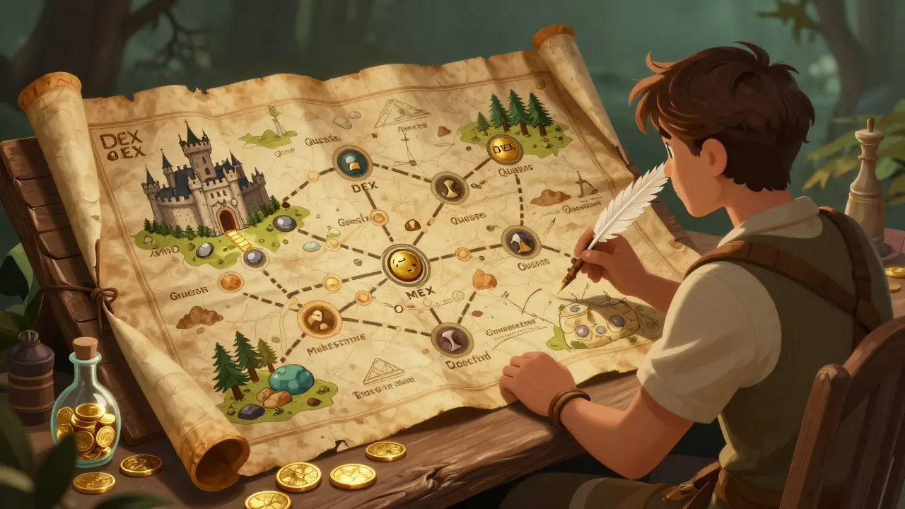 Adventurer studying an economic map of quests and resources in a storybook style