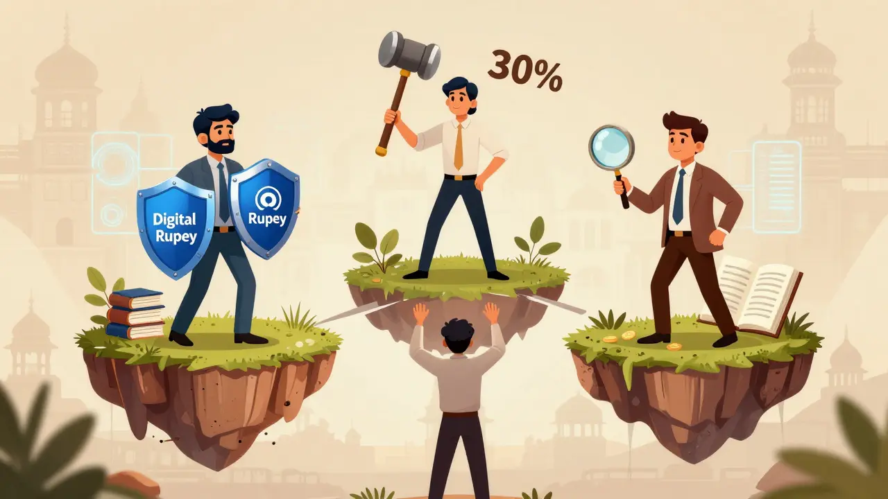 Allegorical illustration of three disconnected regulators (RBI, Tax, SEBI) confusing a trader below.