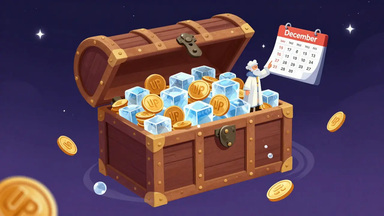 Artistic depiction of vested tokens in ice blocks, symbolizing supply locks and unlock schedules.