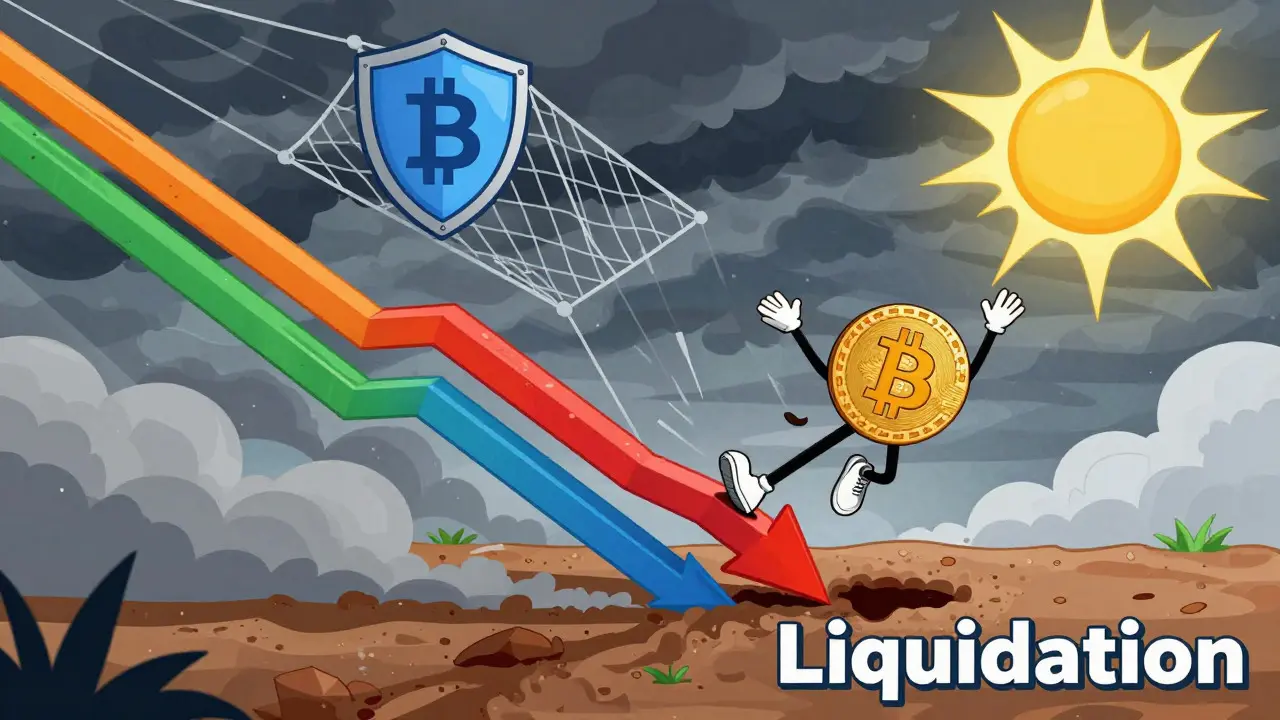 Bitcoin sliding down chart, caught by safety net against liquidation