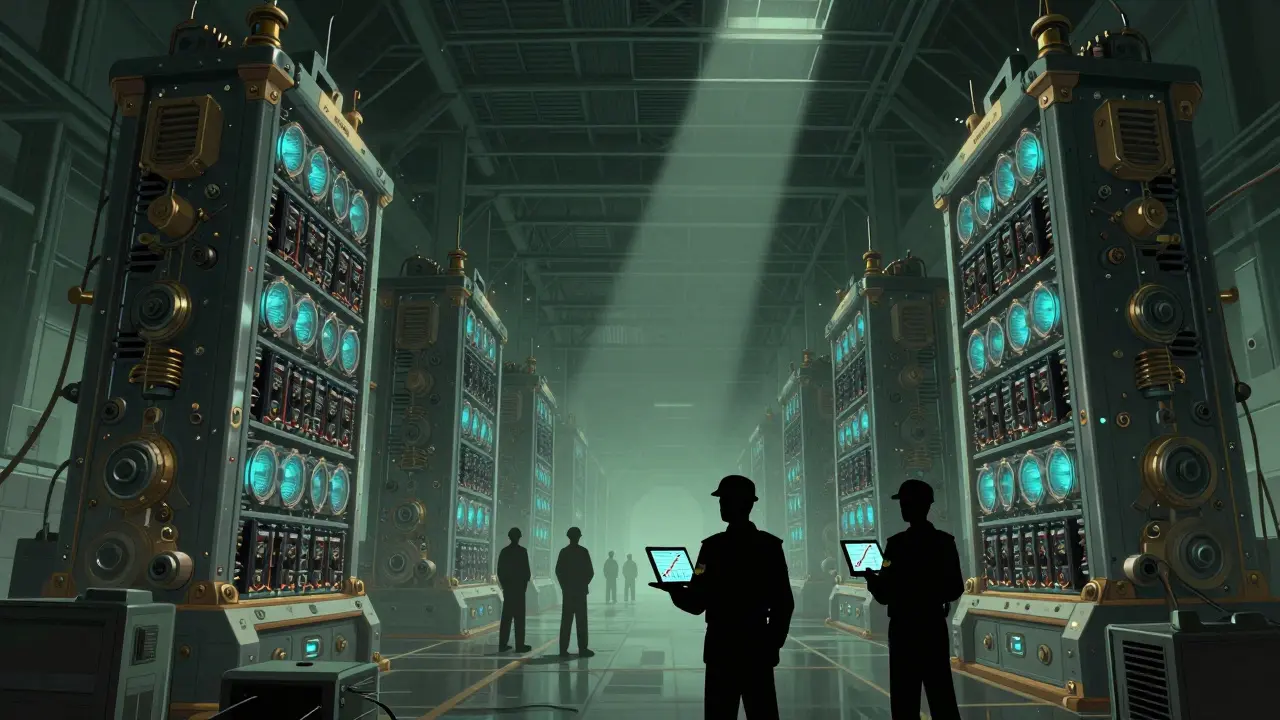 Cartoon depiction of military officials overseeing massive server farms in a dark hall