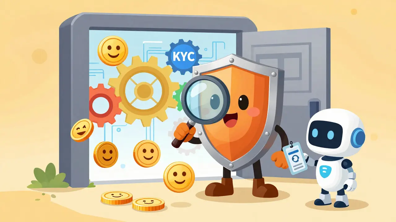 Cartoon shield checking digital coins at a blockchain gate with robots