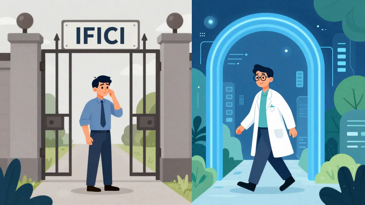 Cartoon showing the contrast between restricted IFICI access and standard residency.