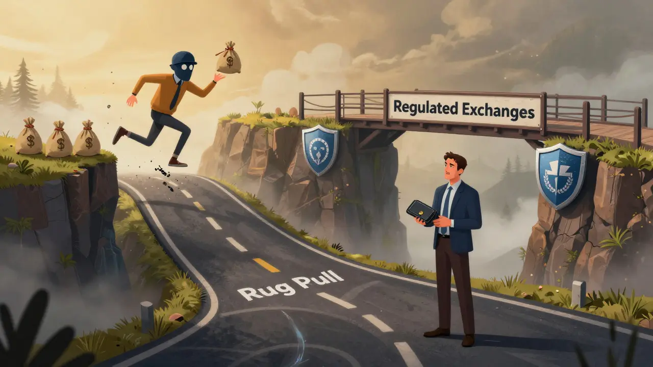 Cautionary illustration of an investor choosing a regulated bridge over a risky rug pull cliff.