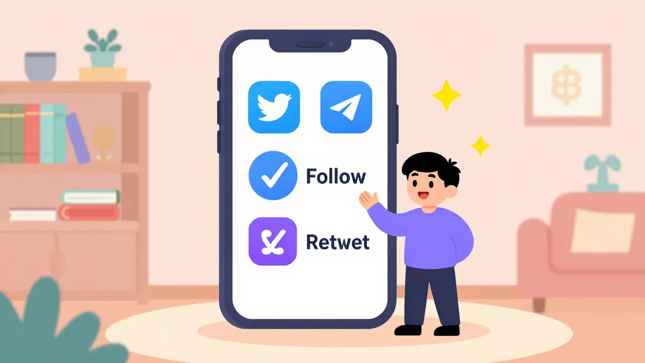 Character completing social media tasks on a phone