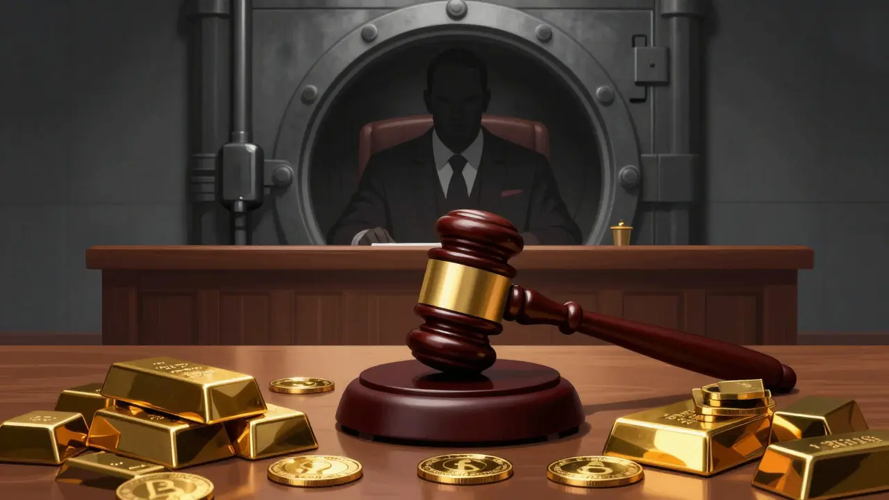 Courtroom scene with bankruptcy trustee and partially filled asset vault