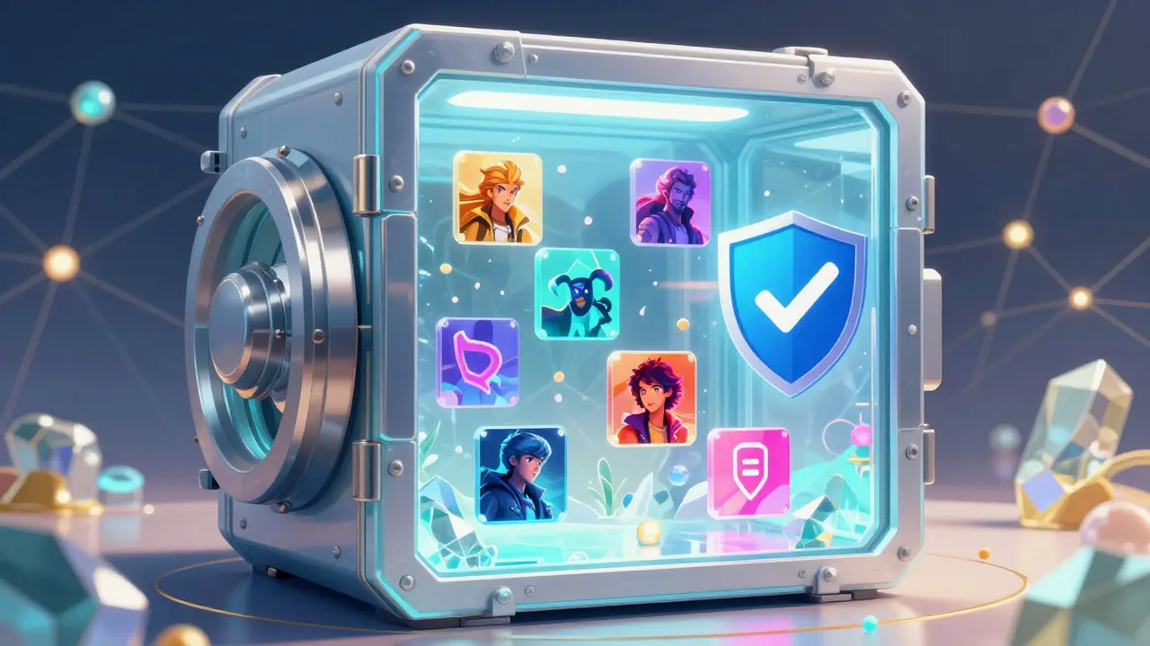 Crystal vault protecting NFTs in a decentralized network, symbolizing secure metadata.