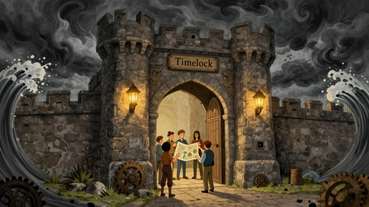 DAO community protected by timelock gates against attack waves
