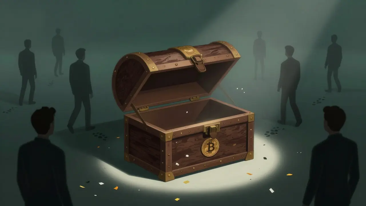 Empty treasure chest with traders walking away, symbolizing lost liquidity and value.