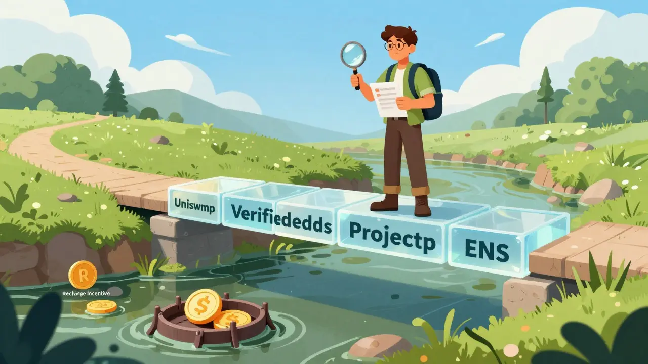 Explorer on safe bridge avoiding swamp of fake airdrops