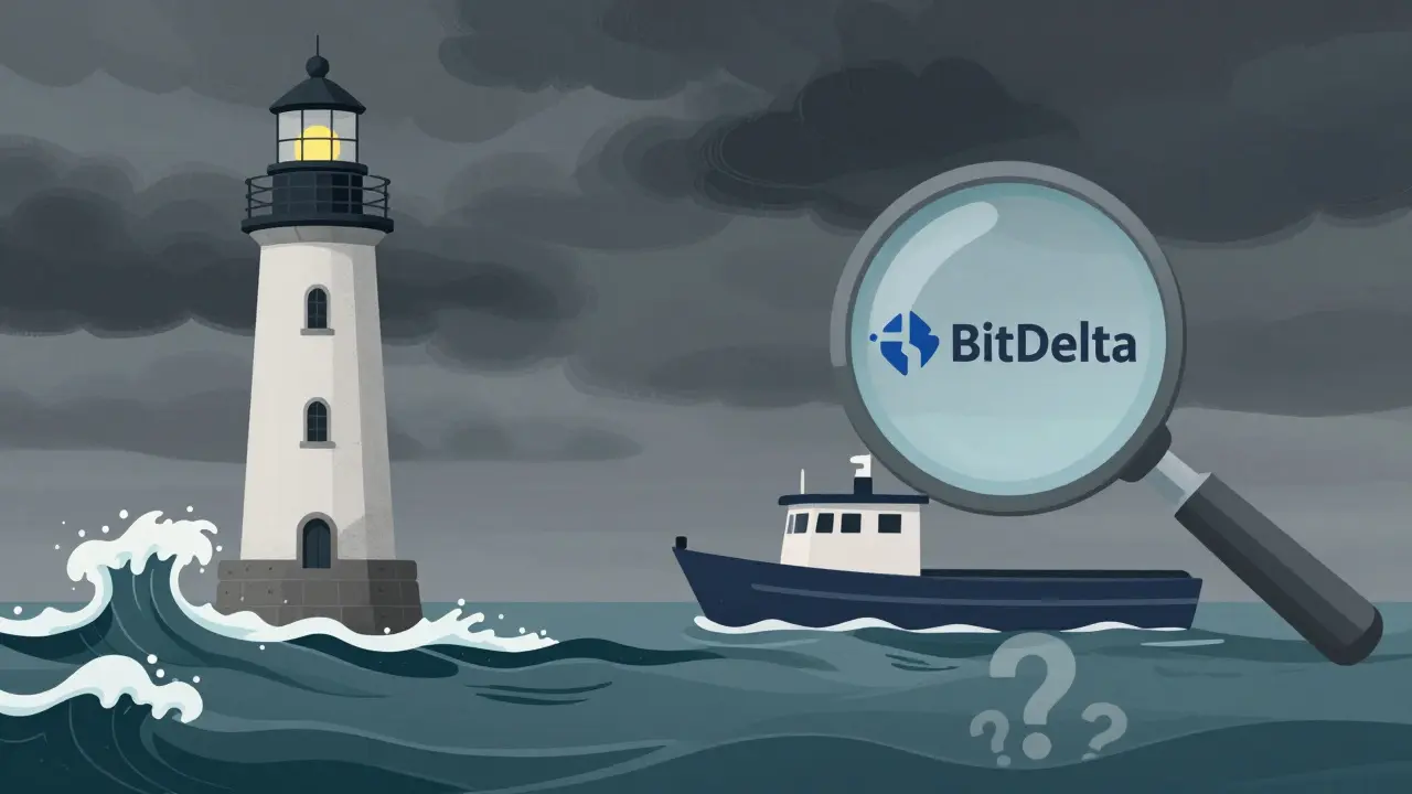 Illustration comparing a sturdy lighthouse to a small boat in murky water
