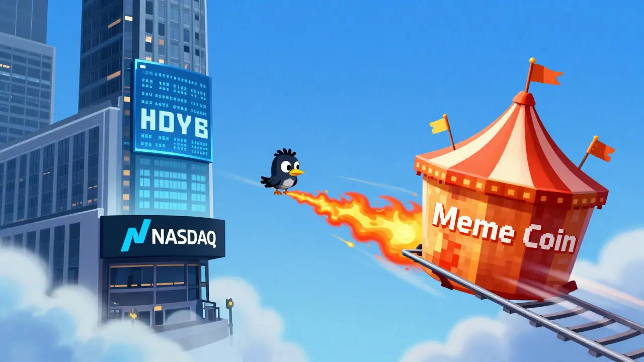 Illustration contrasting a corporate skyscraper with a chaotic meme coin carnival float.
