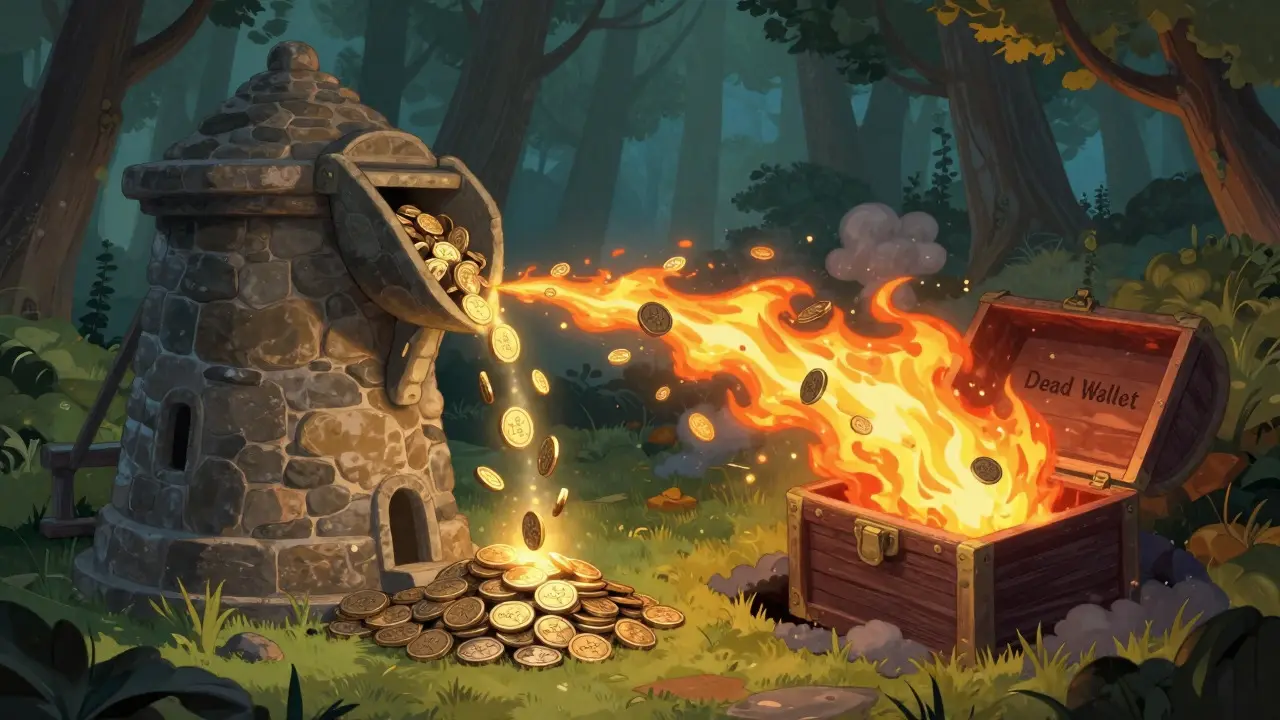 Illustration of a magical mill burning MCGA tokens to reduce supply and increase value.