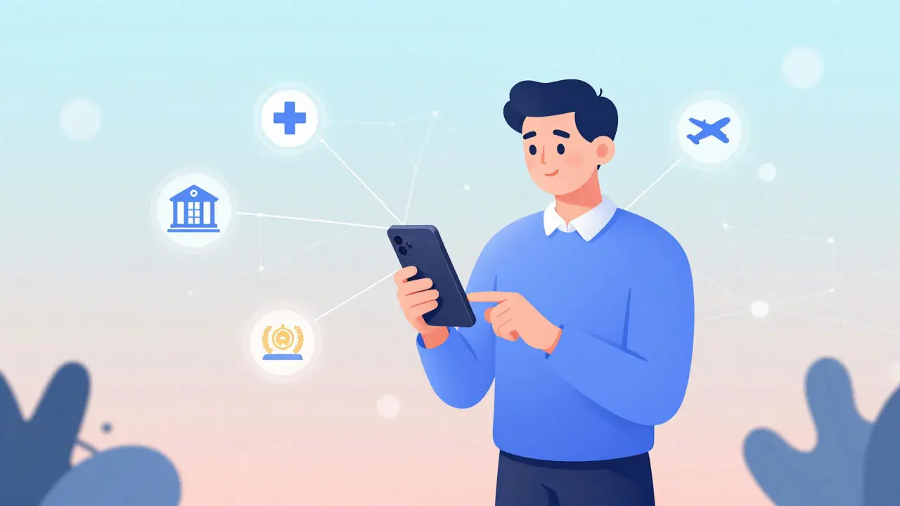 Illustration of a person controlling their digital identity connected to various services.