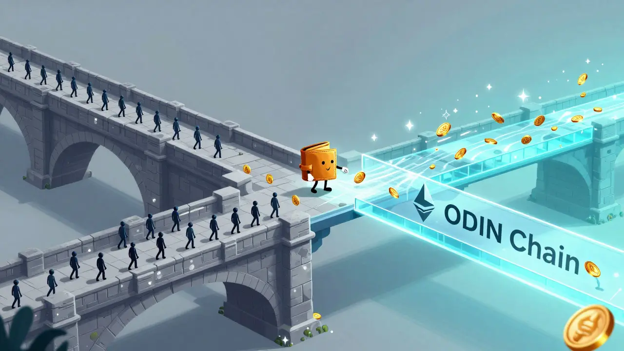 Illustration of tokens moving from an old stone bridge to a modern glass bridge guided by a wallet character.