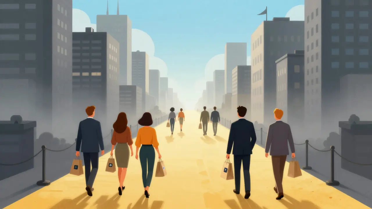 Illustration of traders walking a bright, clear path toward a regulated, stable financial future.
