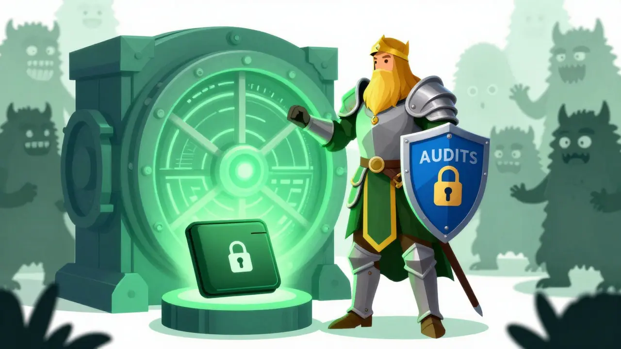 Knight guarding a secure digital vault and hardware wallet safely