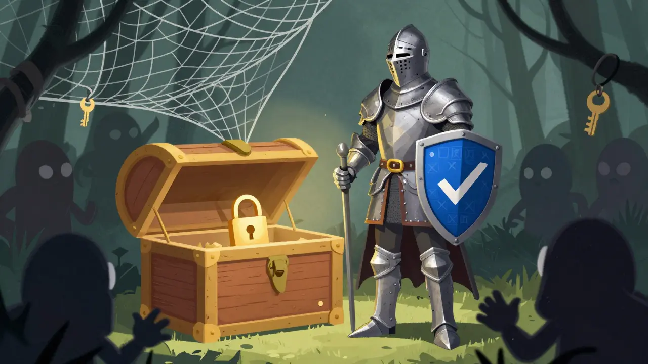 Knight guarding a treasure chest against shadowy goblins representing scams.