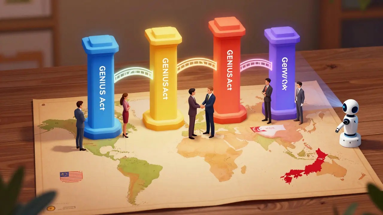 Map with regulatory pillars connecting global crypto markets and AI helper