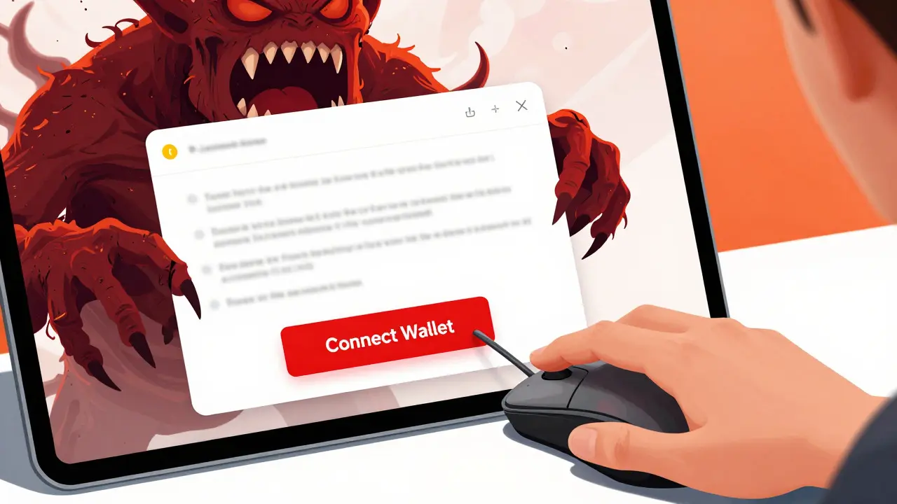 Monster emerging from screen as user clicks connect wallet